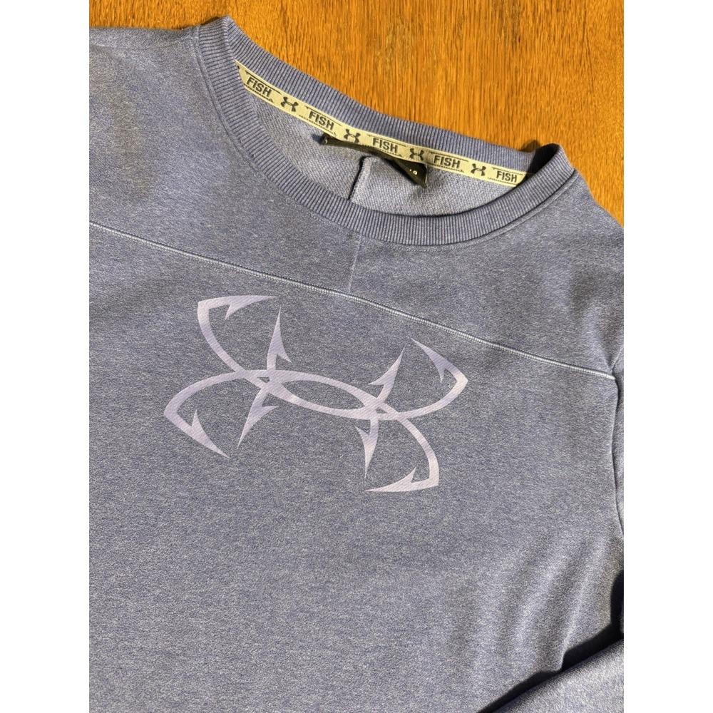 Under Armour Fish Sweatshirt Men L Blue Heather Crewneck Logo Pullover Loose Fit